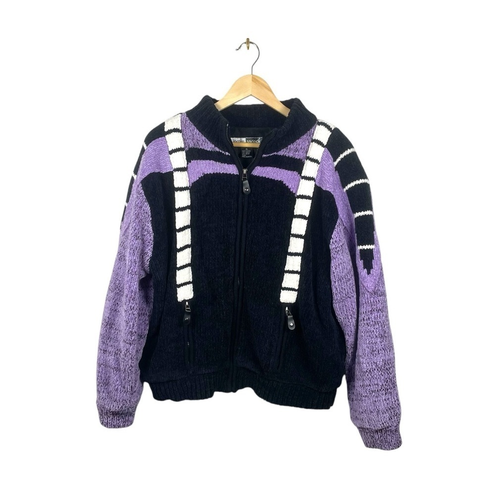 VINTAGE 80s Jamie Sadock Oversized Fuzzy Bomber Jacket Black/Purple Size XL